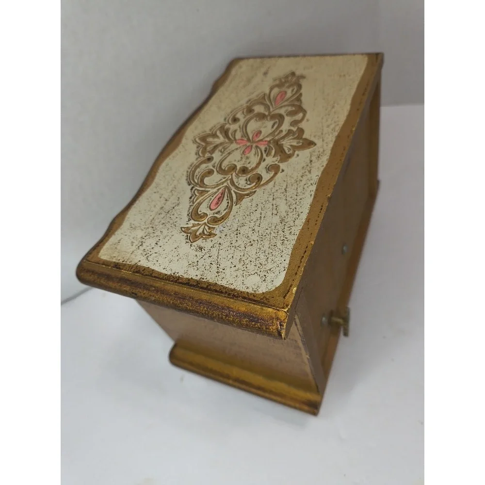 VTG 1960s Florentine Style 2-Drawer SM/LG Wood Music Jewelry Box WORKS 5.5